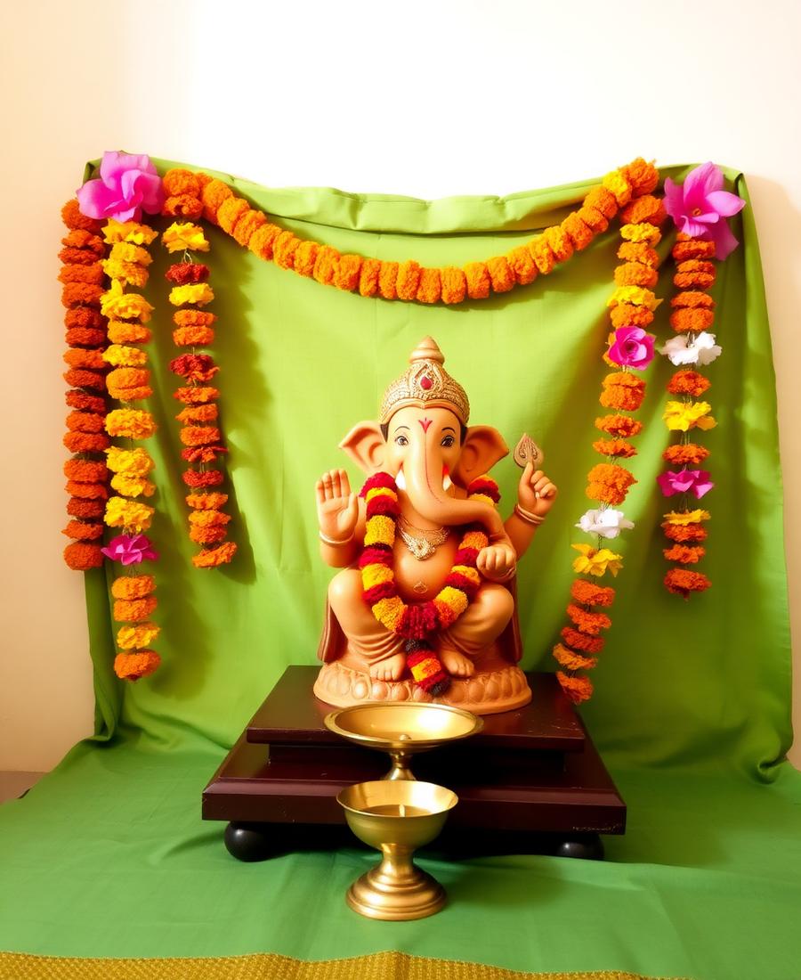 मिट्टी की इको-फ्रेंडली मूर्ति, हरा पटका और पीतल का दीया।