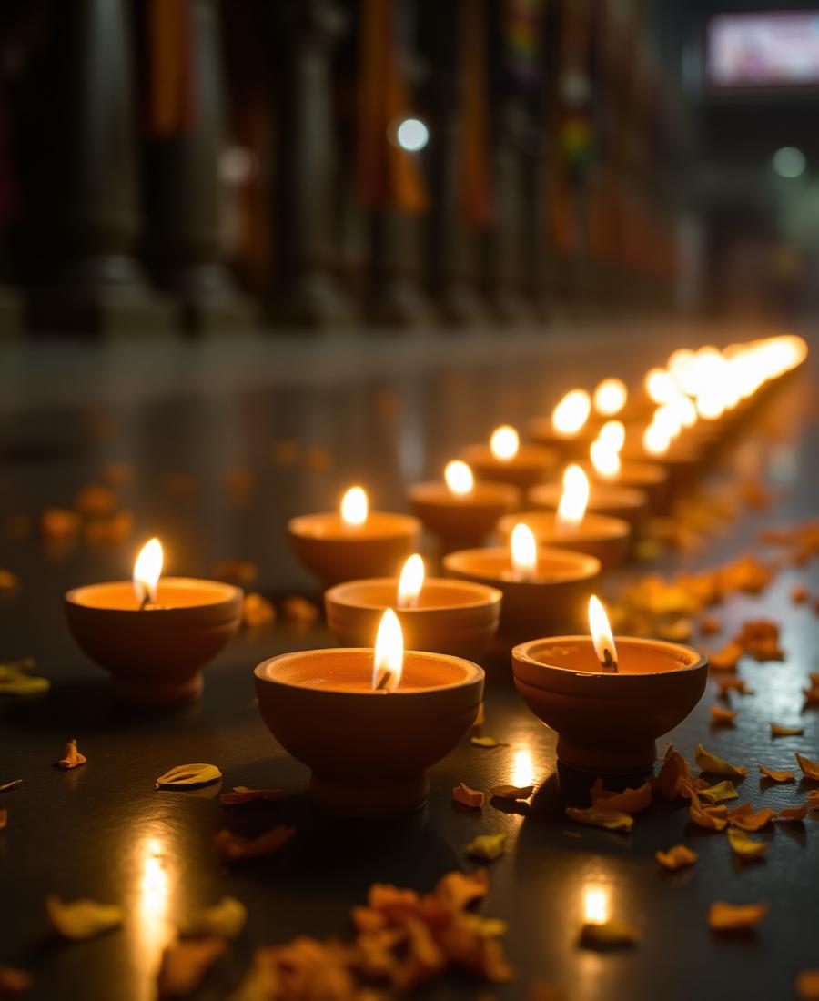 आरती से पहले जलाई गई दीपों की पंक्ति।